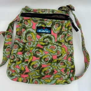 Kavu Rose Floral Green Pink Canvas Cotton Crossbody Shoulder Handbag Purse